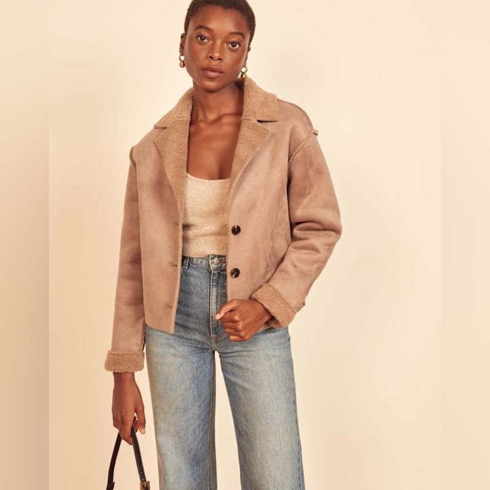 Reformation Taupe Suede Shearling Jacket